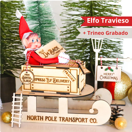 🎅🛷 Elfo Travieso con Trineo de Madera 🎄