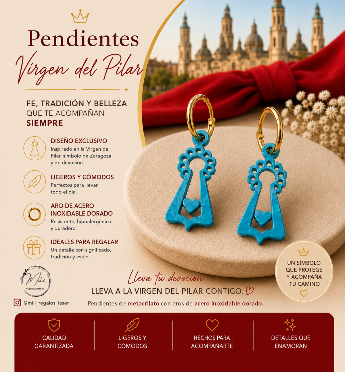 Pendiente Milallin Virgen Pilar Calada Azul Nacarado