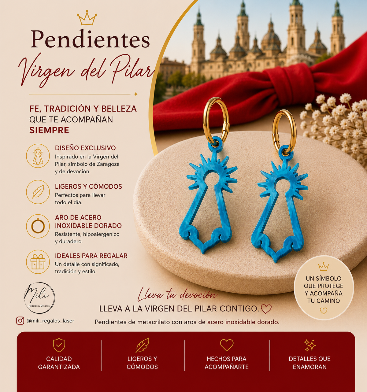 Pendiente Milallin Virgen Pilar Floral Azul Nacarado