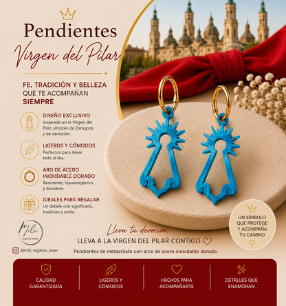 Pendiente Milallin Virgen Pilar Floral Azul Nacarado