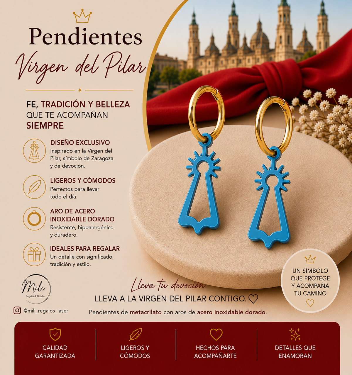 Pendiente Milallin Virgen Pilar Clasica Azul Nacarado